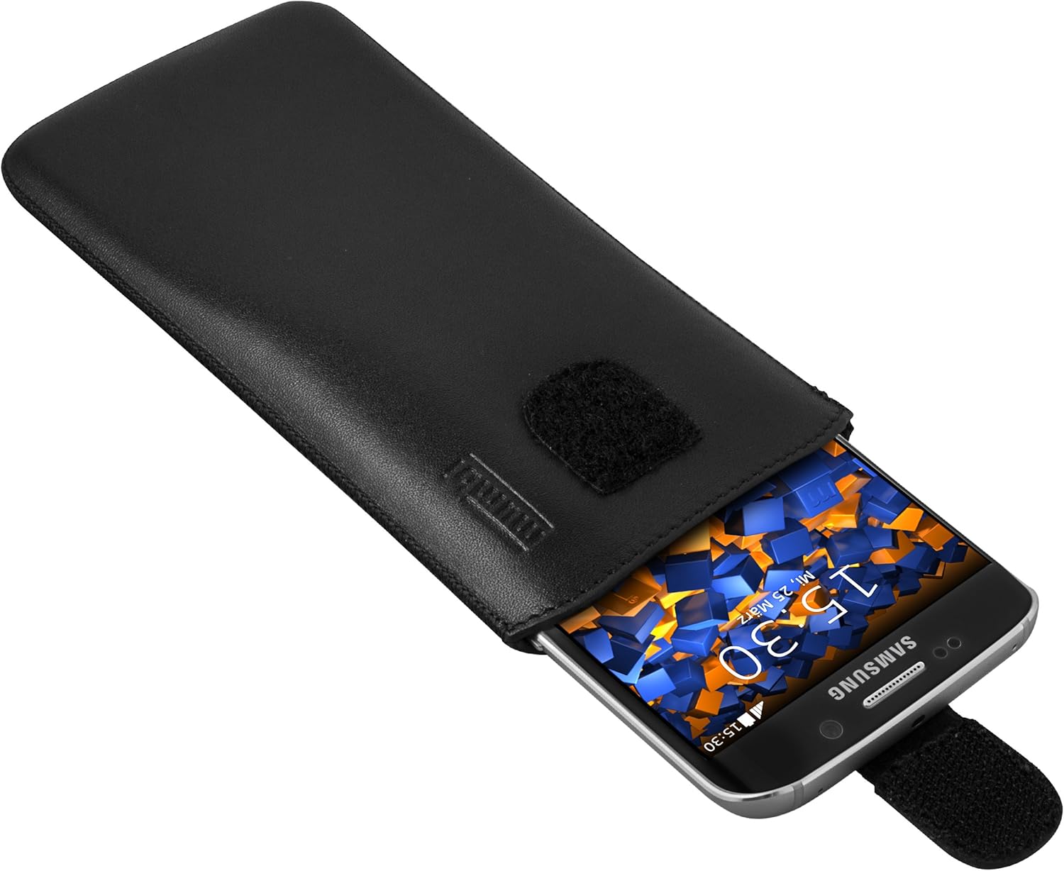mumbi Real Leather Pouch With Flap And Pull-Up Strap for Samsung Galaxy, Black, Galaxy S6 Edge - Image 4