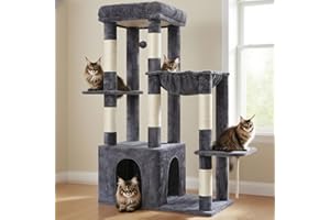 Heybly Heavy Duty Cat Tree, Tower for Indoor Cats large adult, Tall Cat Condo House with Extra-Large Baseboard, Multi-Level Plush Furniture with Scratching Posts, Hammock,Toy Balls, Smoky Gray HCT026G