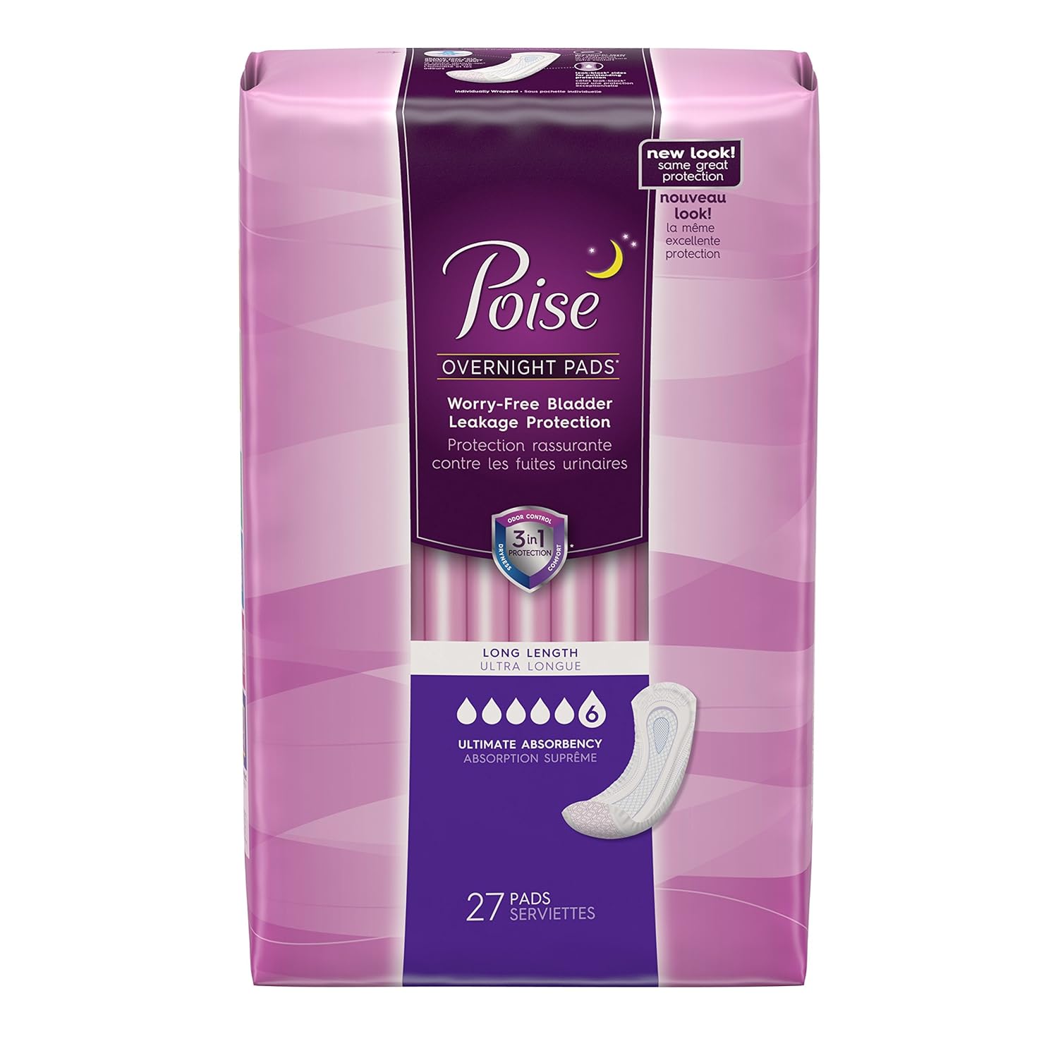 Poise Incontinence Overnight Pads, Ultimate Absorbency, Long, 27 Count
