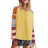 Panadila Womens Striped Long Sleeve Shirt Color Block Raglan Shirt V Neck Patchwork Pullover Tops Casual Cute Top