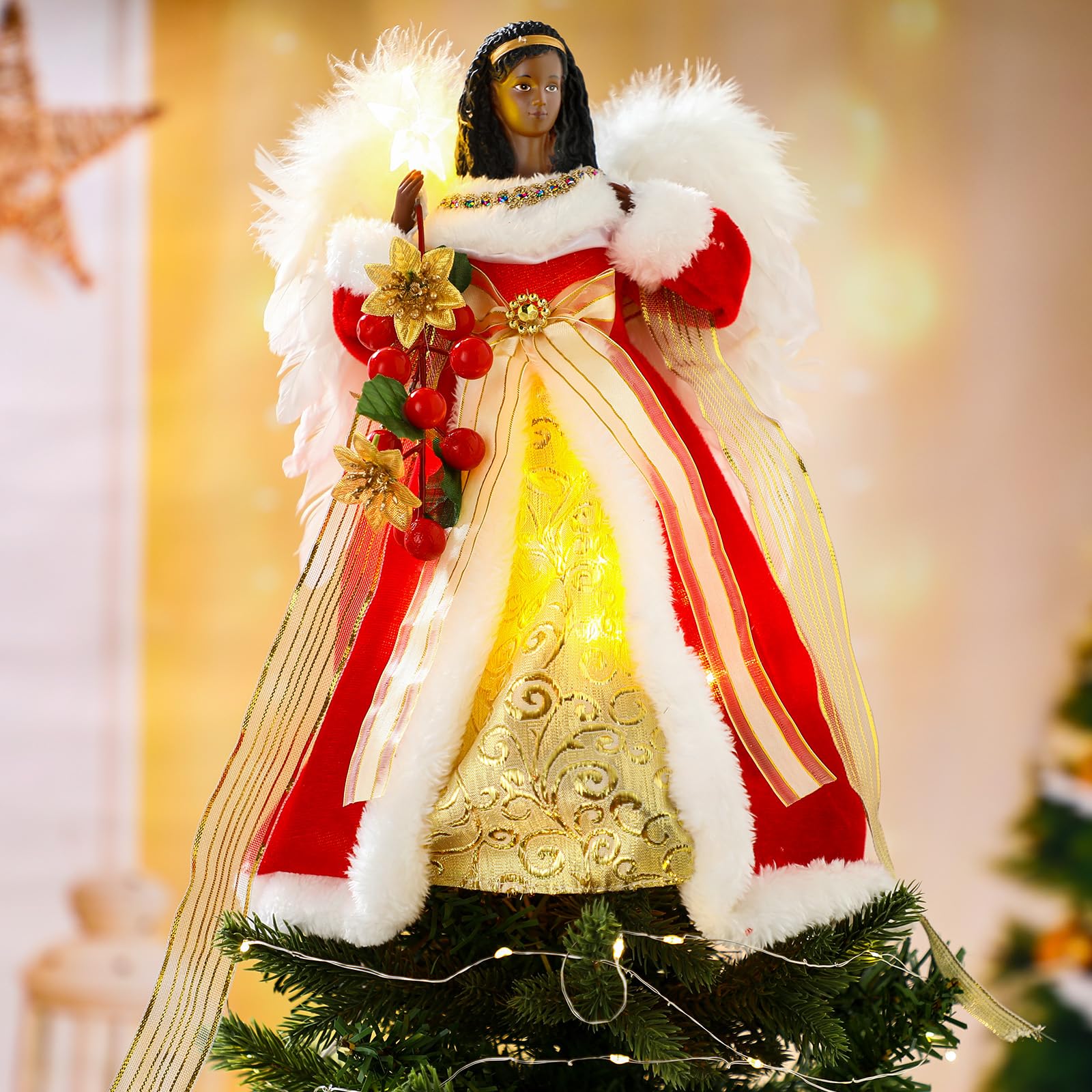 Photo 1 of 12.2'' Black Angel Christmas Tree Topper with Lights Standing African American Christmas Decorations Black Angel Figurines Treetop for Xmas Home Decor Winter Holiday(Red,Vibrant Style)