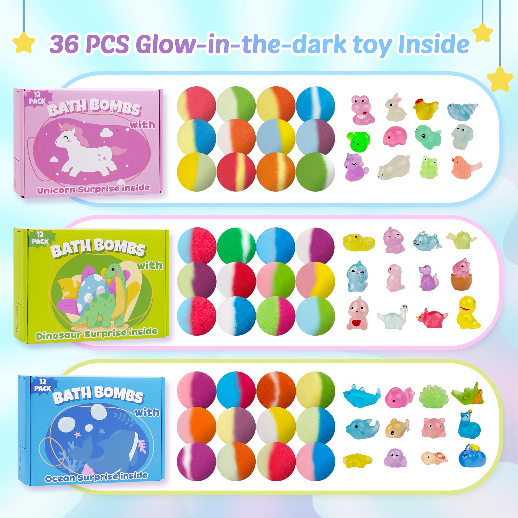 Bath Bombs for Kids with Toy Inside, 36 Pcs Bath Bombs with Glow in The Dark Dinosuar, Animal and Ocean Surprise Inside, Handmade Organic Bubble Bath Ball Gift Set for Birthday, Halloween, Christmas - Image 2