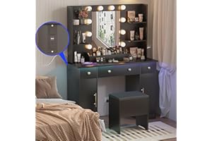 HUANLEGO Vanity Mirror with Lights Desk and Chair, Makeup Vanity with Charging Station & Vanity Stool, 3 Drawers and Cabinets Black Vanity Desk with Mirror and Lights for Bedroom