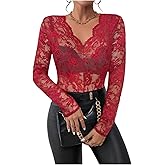 WDIRARA Women's Floral Embroidery Mesh Lace Top V Neck Sheer Long Sleeve Blouse