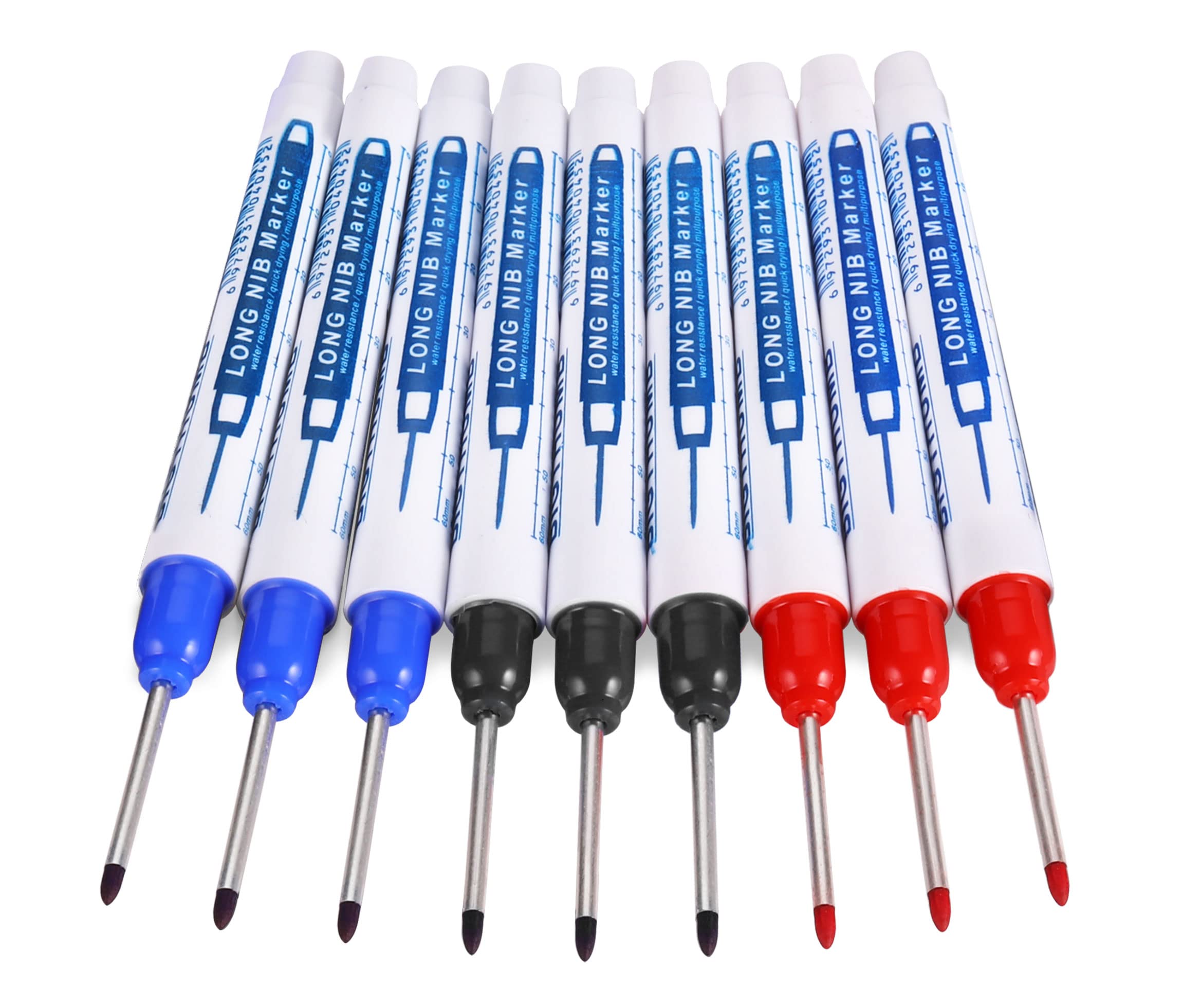 UNOLIGA Long Head Deep Hole Marker, 30mm Long Nib Deep Hole Marker Pen, Hole Marker Tool, 9pcs Long Tip Reach Marking Pen for Carpenter Woodworker Engineer Drilling (Blue Black Red)