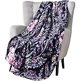 Floral Fleece Throw Blanket: Flowers Velvety Soft Vibrant Botanical Accent for Couch or Bed, Colors: Dark Navy Blue Pink Purple Yellow Green White, Oversized 50" x 70"