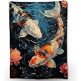 Ti Caldi Hand Drawn Koi Blanket | Soft Warm Fuzzy Lightweight Animal Flannel Throw Blanket Perfect for Couch, Bed, Travel & Outdoor Use, Cozy Blankets for Adults Kids 60×50 in