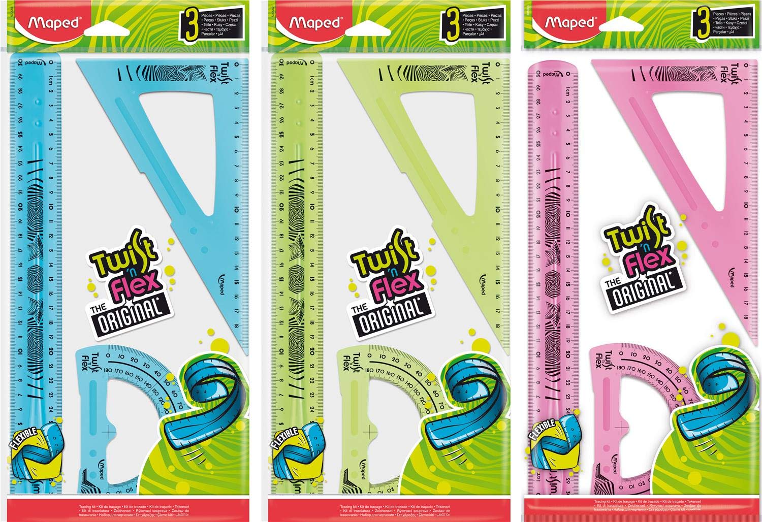 Maped 3x Flexible Drawing Ruler Set - 30cm Ruler, 60°/21cm Square, 180°/12cm Protractor - Acrylic, Injection Molded