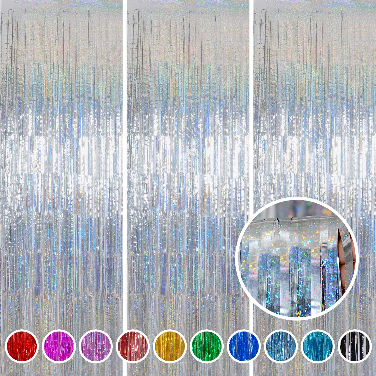 Foil Fringe Curtains New Years Eve Party Supplies 2026 - Melsan 3 Pack 3.2 x 8.2 ft Silver Tinsel Curtain Photo Backdrop for Birthday Party or Disco Party Decorations