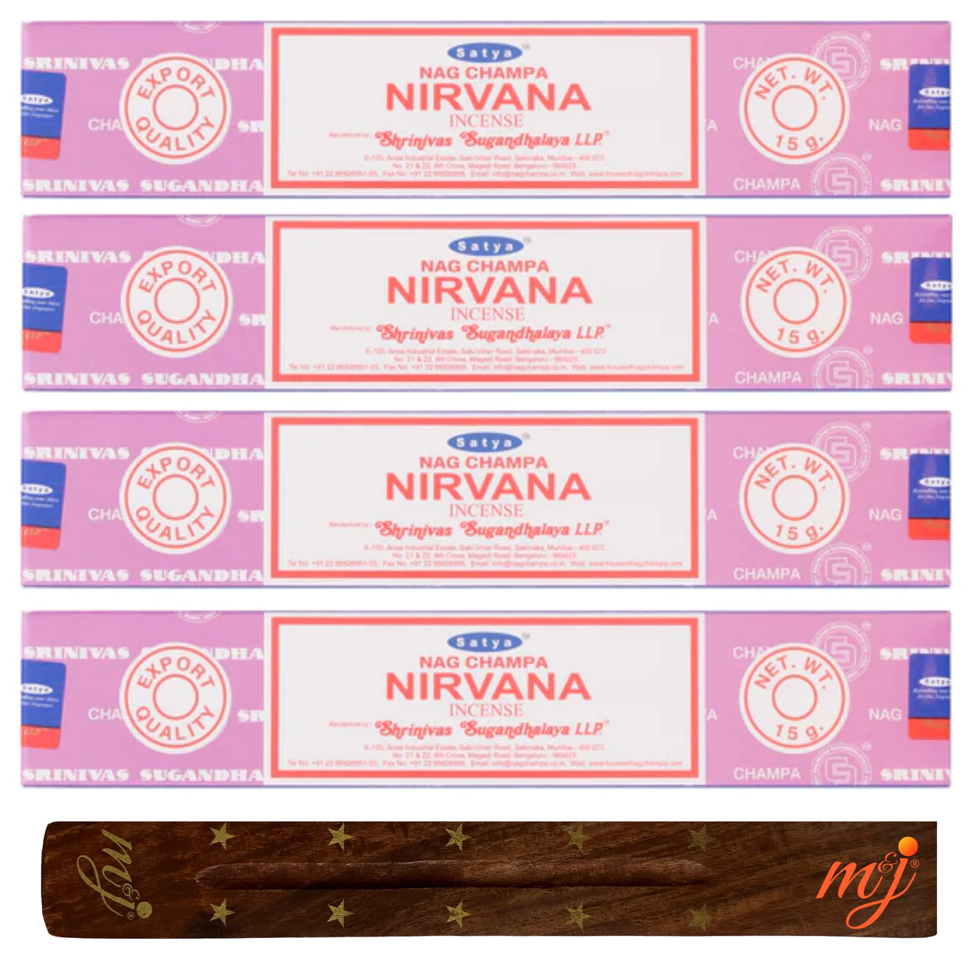 Original Satya Nag Champa Nirvana Incense Sticks | with M&J incense sticks holder | x4 pack | for Aromatherapy, Spa, Yoga, Weddings, Meditation, Healing, Positivity and Relaxation — image 1