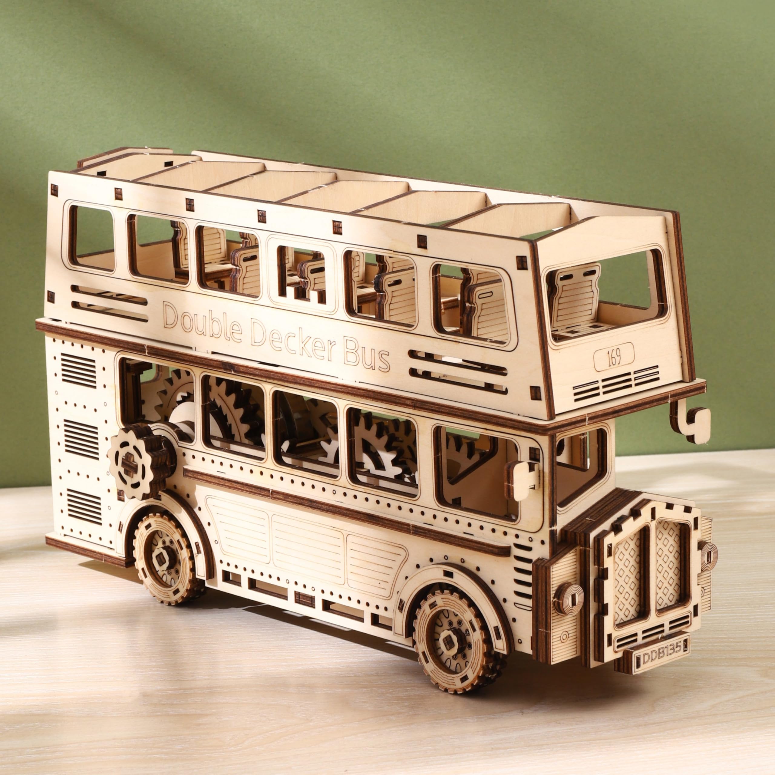 Wooden 3D Double Decker Bus Model Kit, DIY Assembly Puzzle, Mechanical Construction Set