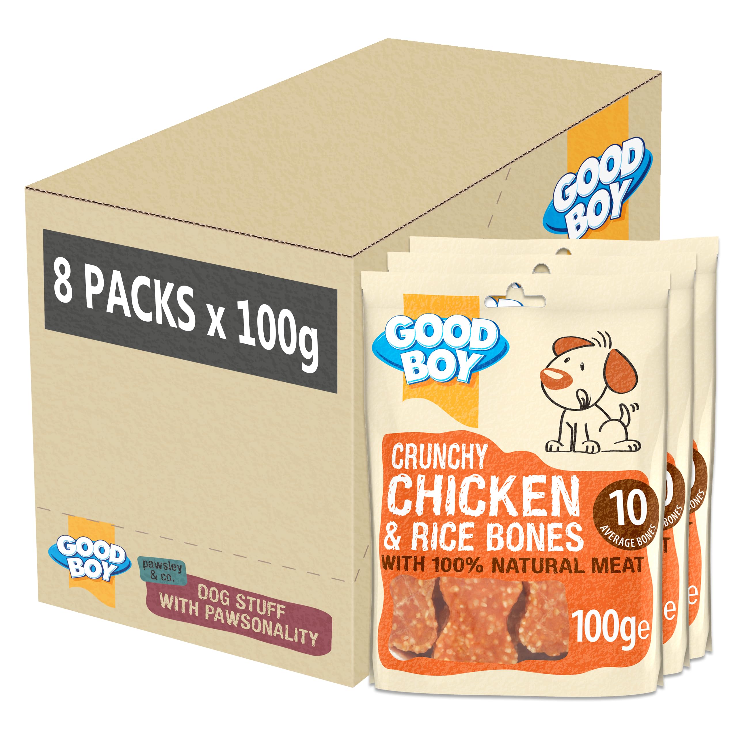 Good Boy - Crunchy Chicken and Rice Bones - Dog Treats - Made with 100% Natural Chicken Breast Meat - 100 g ℮ - Low Fat Dog Treats - Case of 8
