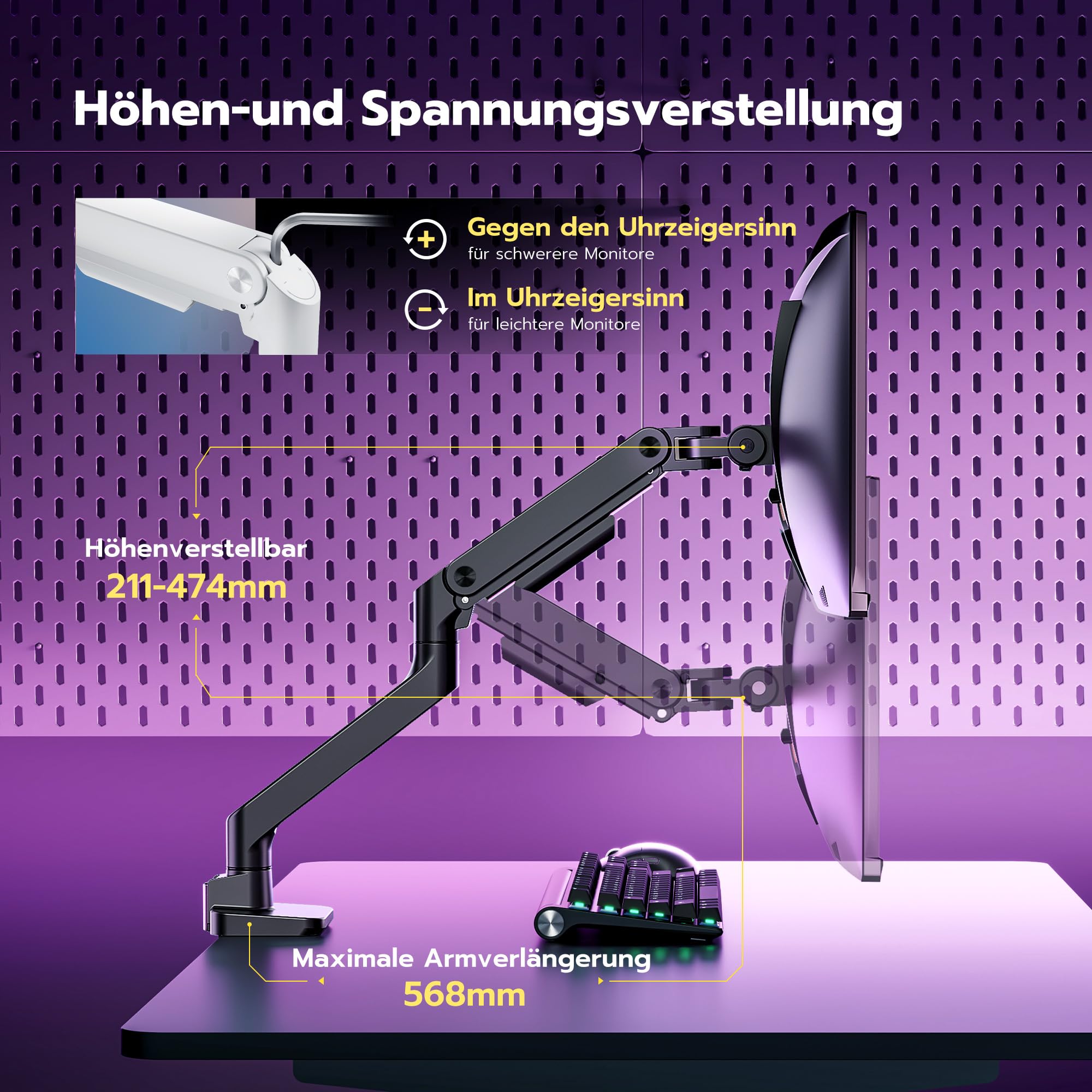 ARES WING Monitor Halterung für 17 bis 49 Zoll Bildschirme, Monitor Arm mit Gasfeder, Verstellbarer Monitorständer für 20Kg Computer Bildschirme, Monitorhalterung VESA 75/100 mm,Schwarz 3