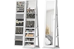 HOMCOM 360° Swivel Jewelry Cabinet, Lockable Jewelry Armoire Organizer with Full-Length Mirror, Back Storage Shelves, Interior Small Mirror, for Bedroom Living Room, White