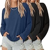 Velvelhall 3 Pack Women's Oversized Y2K T-Shirts Crew Neck Long Sleeve Tops Loose Basic Tees Casual Workout Tees 2026