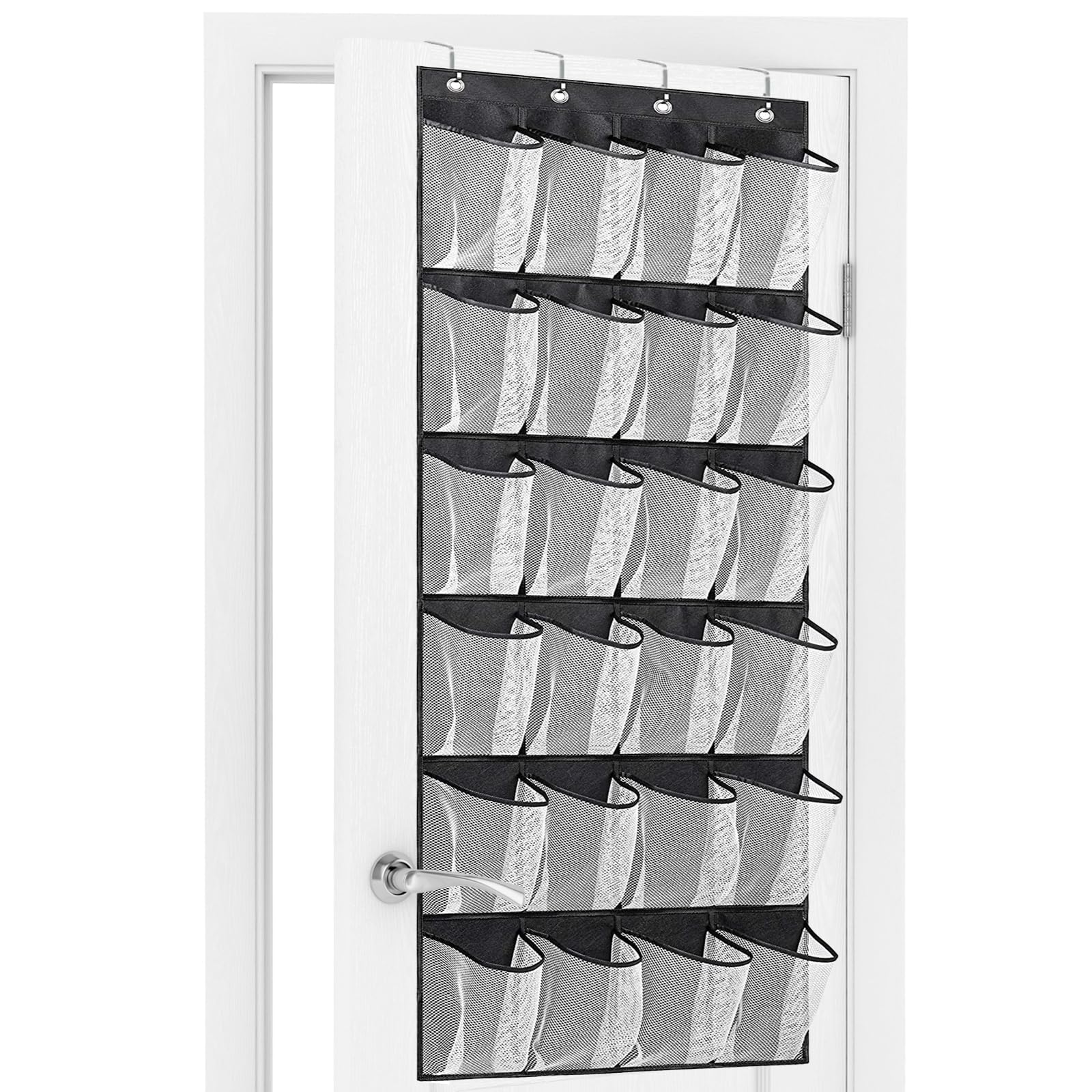Newthinking Hanging Shoe Storage, Over the Door Shoe Storage Organiser, Hanging Shoe Rack Holder 24 Large Mesh Pockets for Wardrobe Door Tidy with Hange (Black)