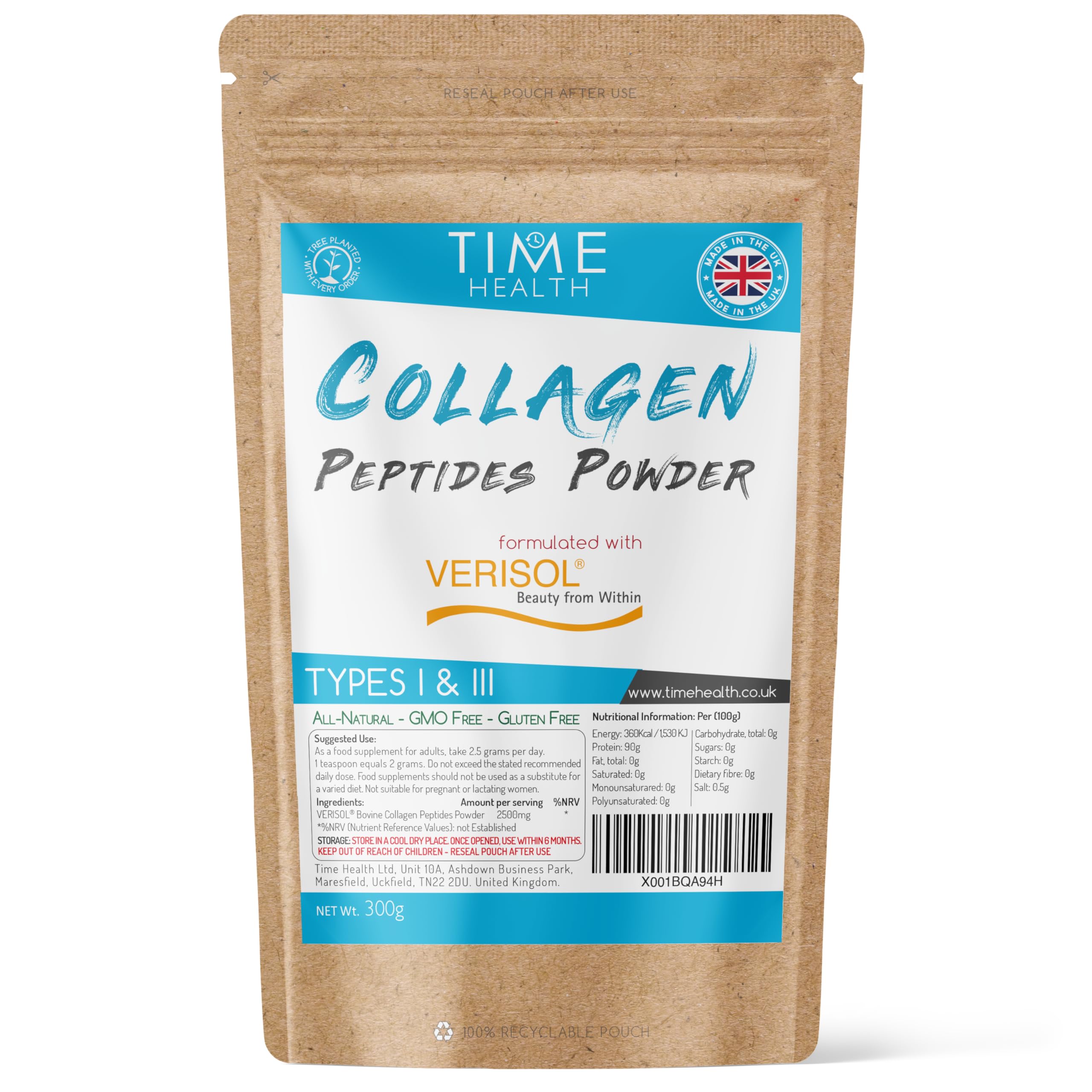 Collagen Peptides Powder - Grass Fed - Bovine - Types I & III - Clinically Studied Brand VERISOL® Hydrolysed Bioactive Collagen Peptides® (300g Powder Pouch)