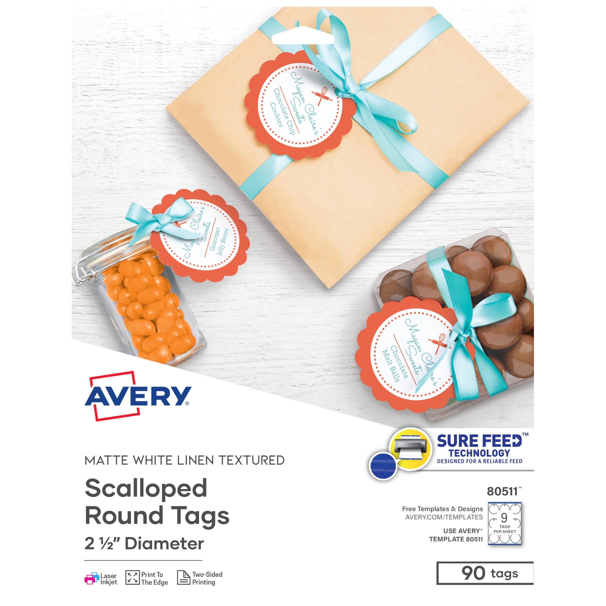 Avery Textured White Scallop Round Paper Tags, 2-1/2-Inch Without Strings, Laser/Inkjet, Print-to-The-Edge, 90 Tags per Package (80511)
