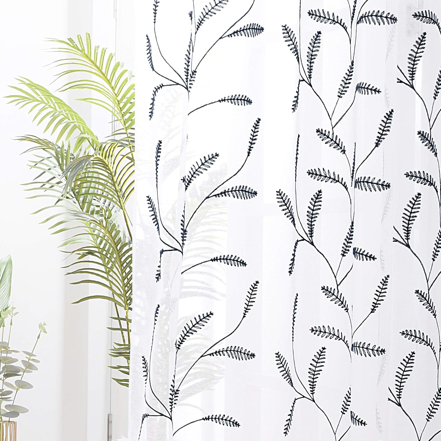 Deconovo Linen Look Sheer Curtains Super Soft Eyelets Net Curtains Plain Embroidered Wheat Ears Floral Voile Curtains for Doors 55 x 71 Inch Navy Blue Two Panels - Image 5