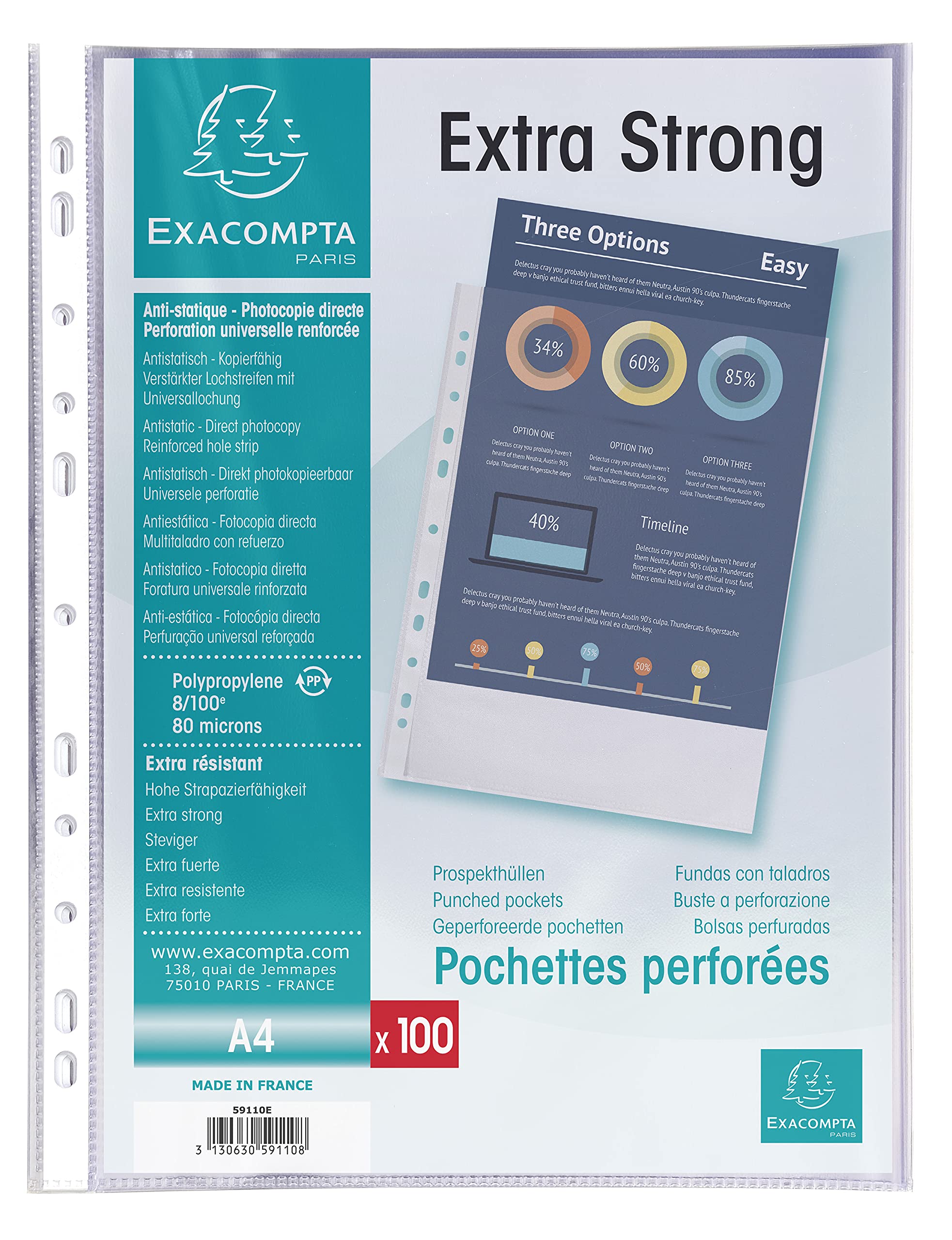 Exacompta - Ref 59110E - Premium Grained PP Punched Pockets - Suitable for A4 Documents, 80 Micron Polypropylene, Reinforced Left Strip, Top Opening - Pack of 100