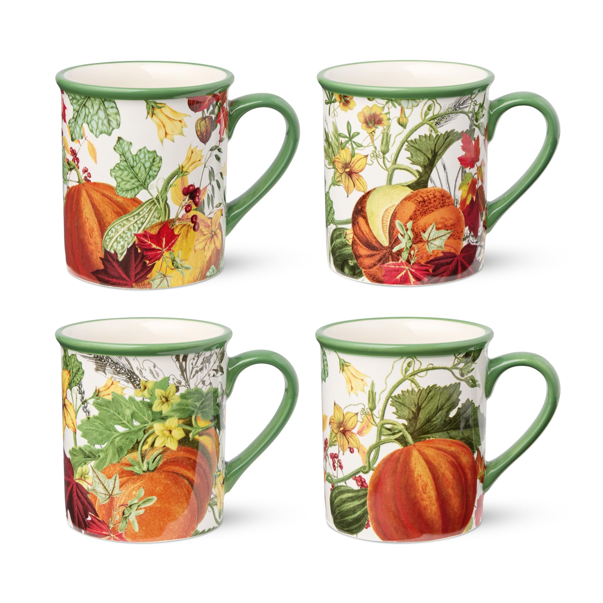 Harvest Fields 18oz Ceramic Mugs – Set of 4 Cozy Farmhouse Coffee Cups with Assorted Autumn Pumpkin Designs – Perfect for Coffee, Tea, Hot Cocoa & Cider – Microwave & Dishwasher Safe