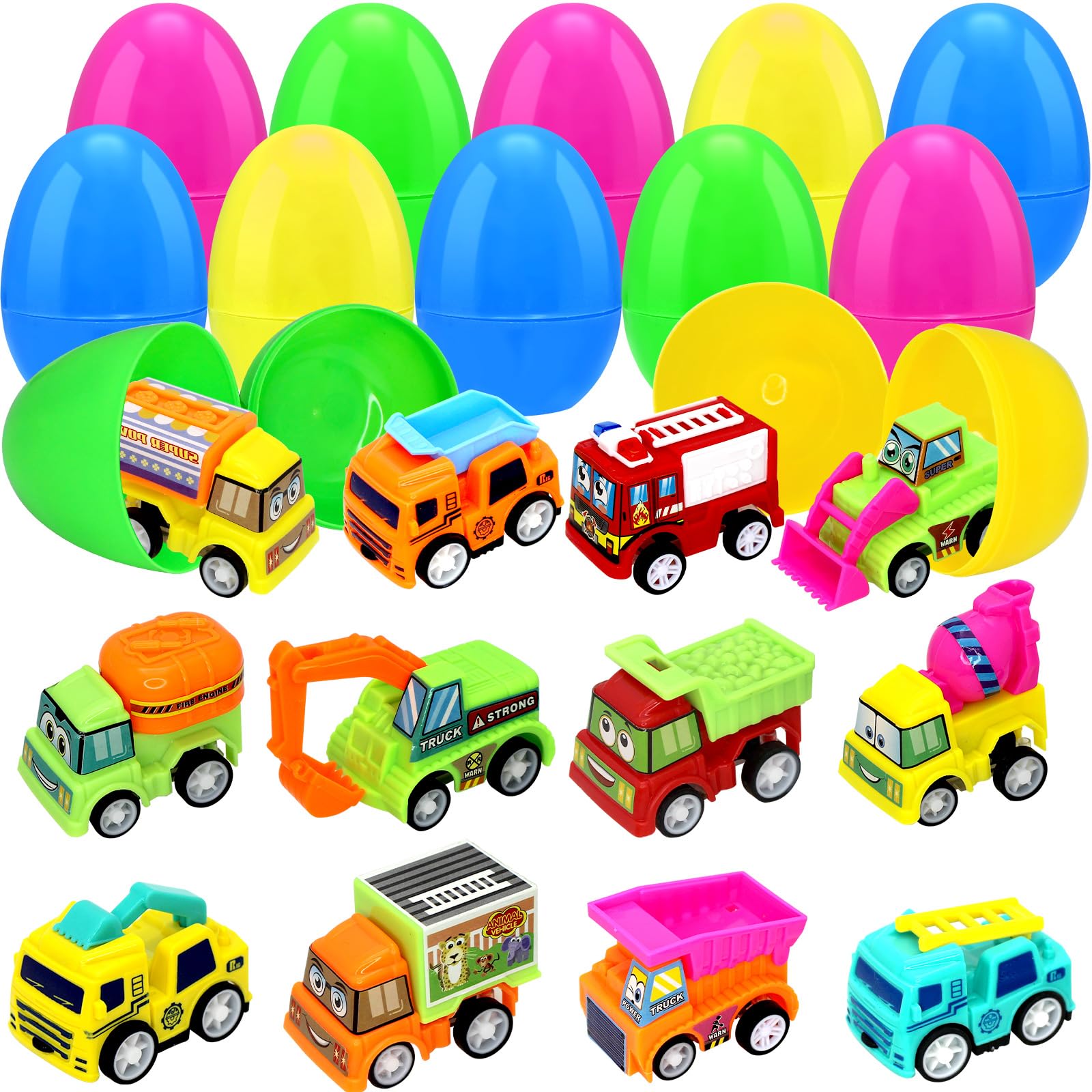 12 Pcs Prefilled Easter Eggs with Pull-Back Engineering Vehicles Plastic Easter Eggs Filled Cars Toy for Easter Eggs Hunt, Easter Basket Stuffers, Party Favor, Classroom Prize Supplies for Kids