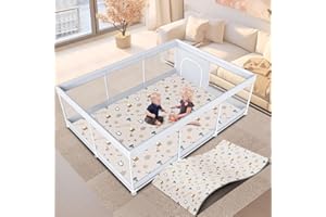 POUDEE Baby Playpen with Mat 74" x 50" Large Play Yard Playpen for Babies and Toddlers with External Zipper Door Design Safety Baby Activity Center with Visible Mesh Non-Slip Play Pen(Mat Included)