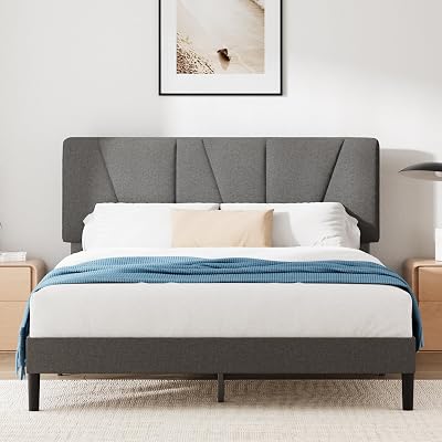 Zinus Maya Double Bed Frame with Headboard 4ft6 Upholstered Grey 11.8"