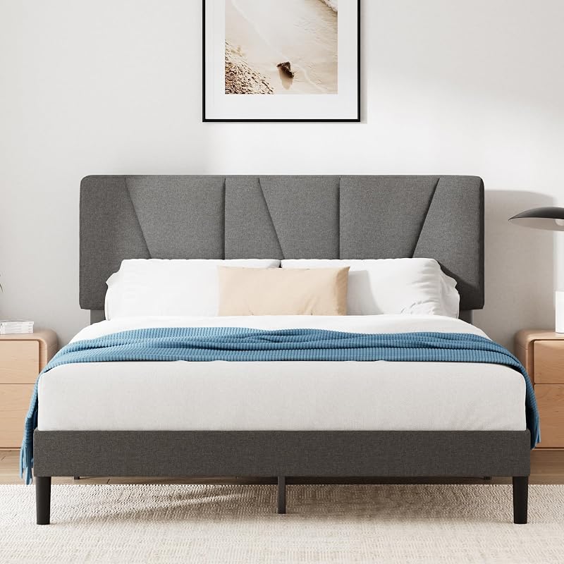 Zinus Maya Double Bed Frame with Headboard 4ft6 Upholstered Grey 11.8"