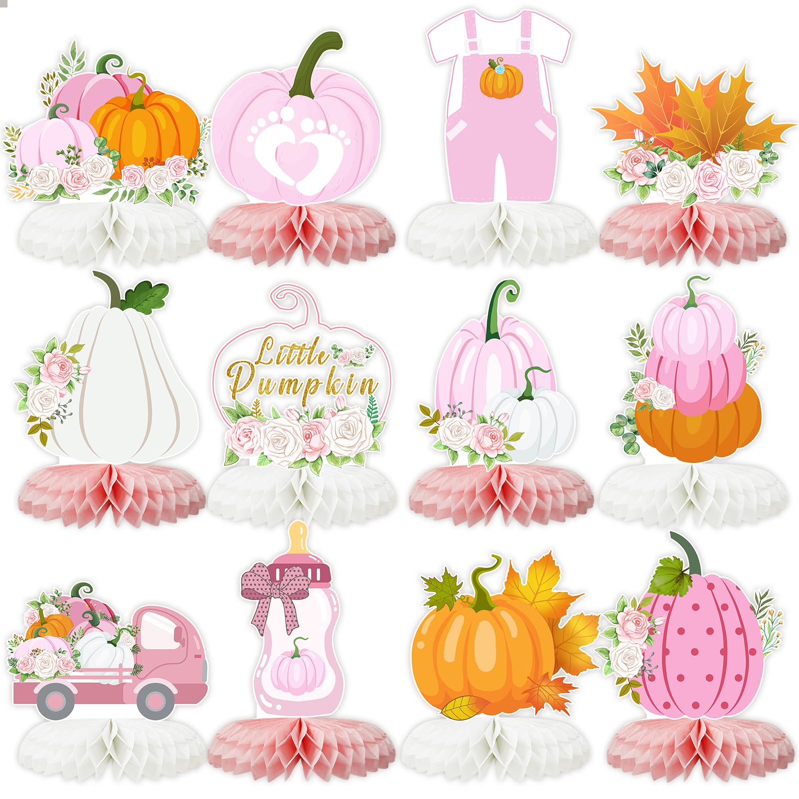 Photo 1 of 12PCS Little Pumpkin Baby Shower Decorations Honeycomb Centerpiece Fall Party Table Decor for Girls Pink Table Toppers Honeycomb 3D Table Decoration for Baby Shower Birthday Party Supplies