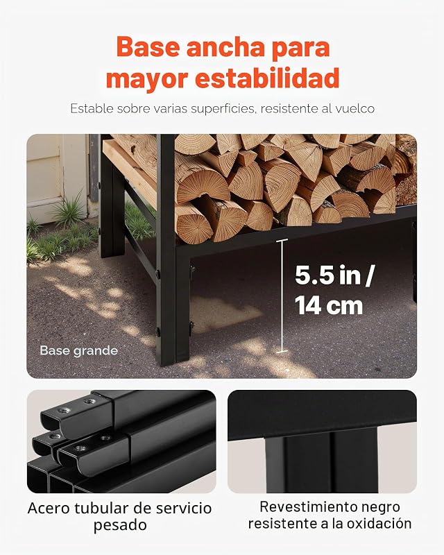 Suporte para Armazenamento de Lenha 122 x 32 x 118 cm Estrutura Metálica com Revestimento em Pó com Meia Tampa Suporte para Lenha 181,4 kg Carga para Lareira, Terraço, Pátio, Jardim, Preto