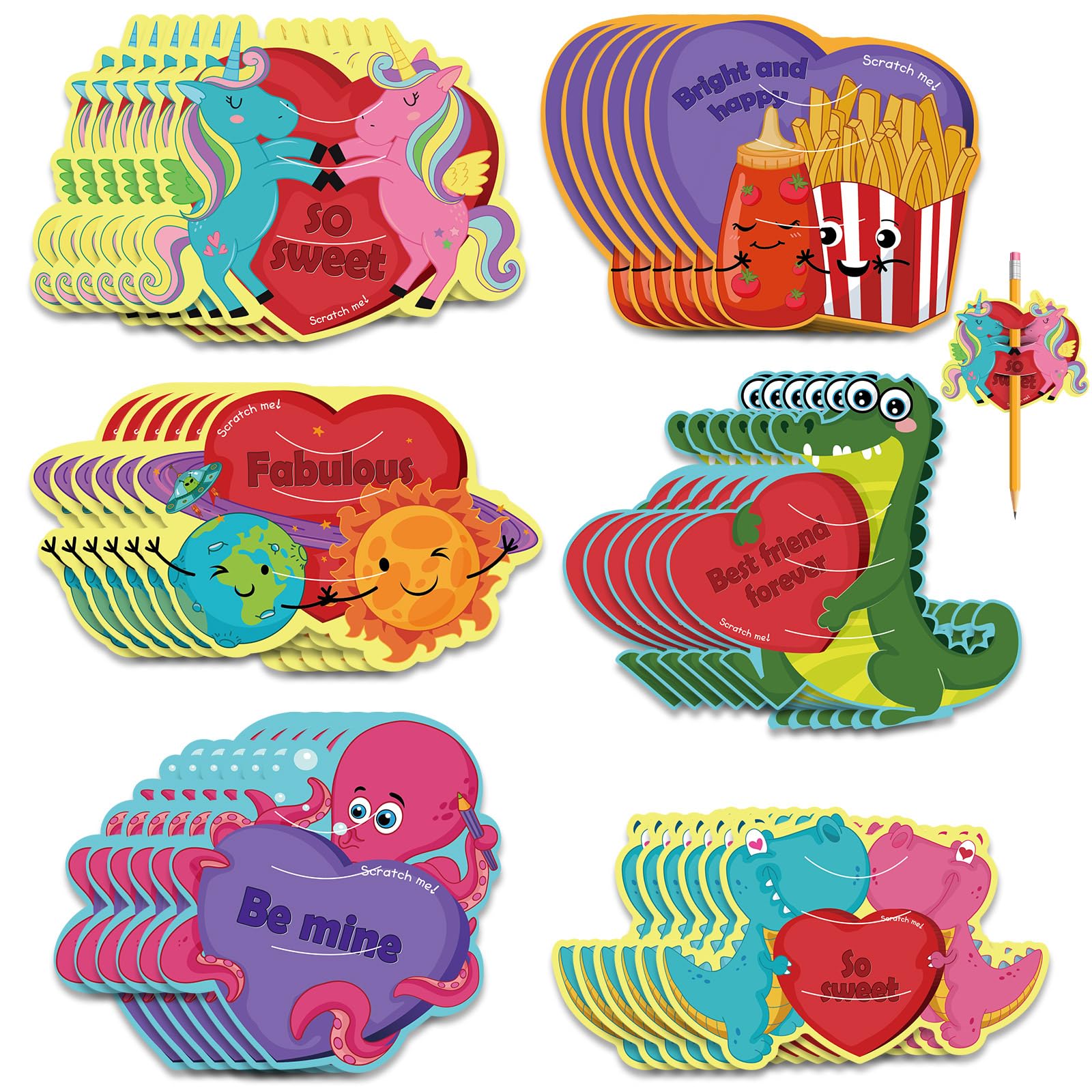 Photo 1 of 36 Pieces Valentine's Day Cards Scratch and Sniff Pencil Toppers, 6 Patterns and Scents Scratch and Sniff Cards with 36 Envelopes for School Exchange Presents Party Favors(Pencil Is Not Included)