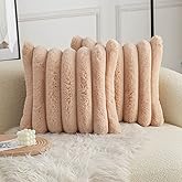 Neelvin Camel Faux Fur Cozy Soft Striped Decorative Throw Pillow Covers 20x20 inch Set of 2,Velvet Pillowcase Cushion Case for Sofa Couch