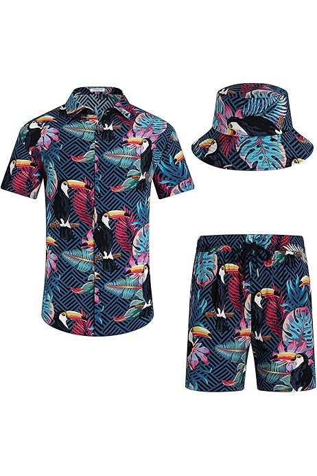 thumbnail image 2 of McEDAR Mens Hawaiian Shirt And Short 2 Piece Vacation Outfits Sets Casual Button Down Beach Floral Suits With Bucket Hats Green Leaves12012 L 2 of 10