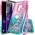 E-Began Case for Samsung Galaxy S9 with Screen Protector (Maximum Coverage, Flexible TPU Film), Ring Holder/Wrist Strap, Glitter Flowing Liquid Girls Women Kids Cute Case (Pink/Aqua)