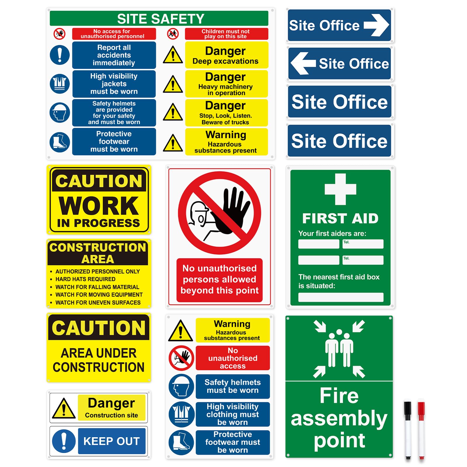 Construction Site Safety Signs - 14 Pack - Durable PVC Rigid Plastic, Weatherproof Health and Safety Building Site Signs, 4 Pre-Drilled Holes for Easy Installation