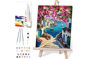 MIRCVSH Scenery Paint by Numbers Kit for Adults,Framed Landscape Paint by Number Kits on Canvas with Brushes,Flowers and Sea Oil Painting Kits with Wooden Easel for Home Wall Decor 12X16 Inch.