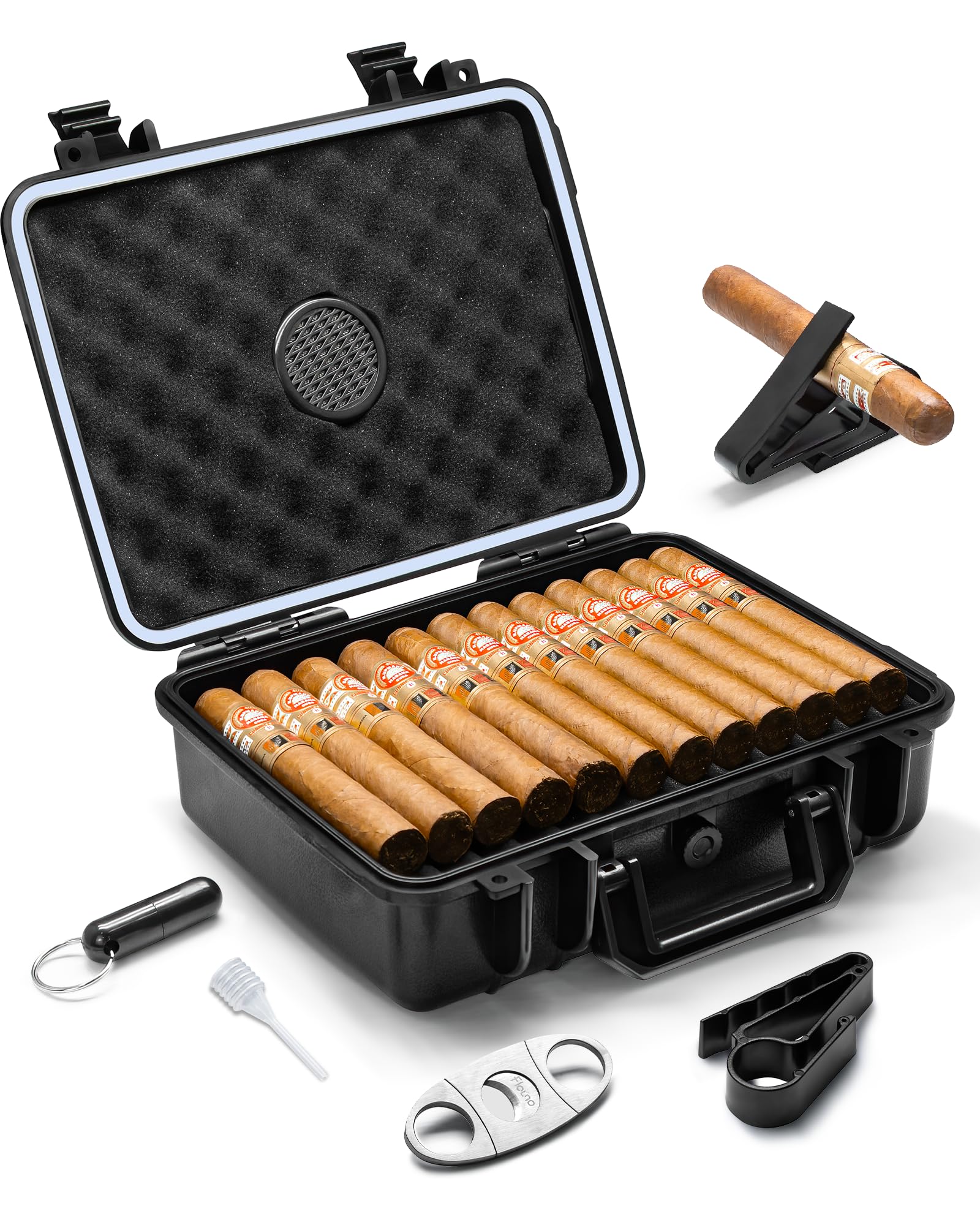 Photo 1 of Flauno Travel Cigar Humidor - Large Portable Travel Humidor kit with Humidifier, Cigar Cutter, Cigar Punch, Cigar Holder, Waterproof & Crushproof, Airtight Seal Cigar Case, Holds up to 40 Cigars