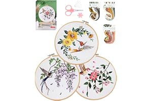 Santune 3 Sets Embroidery kit for Beginners Adults,Stamped Hummingbird Patterns,Cross Stitch Kits Including Clear Instructions,Video Tutorials,Hoop,Color Threads,Tools