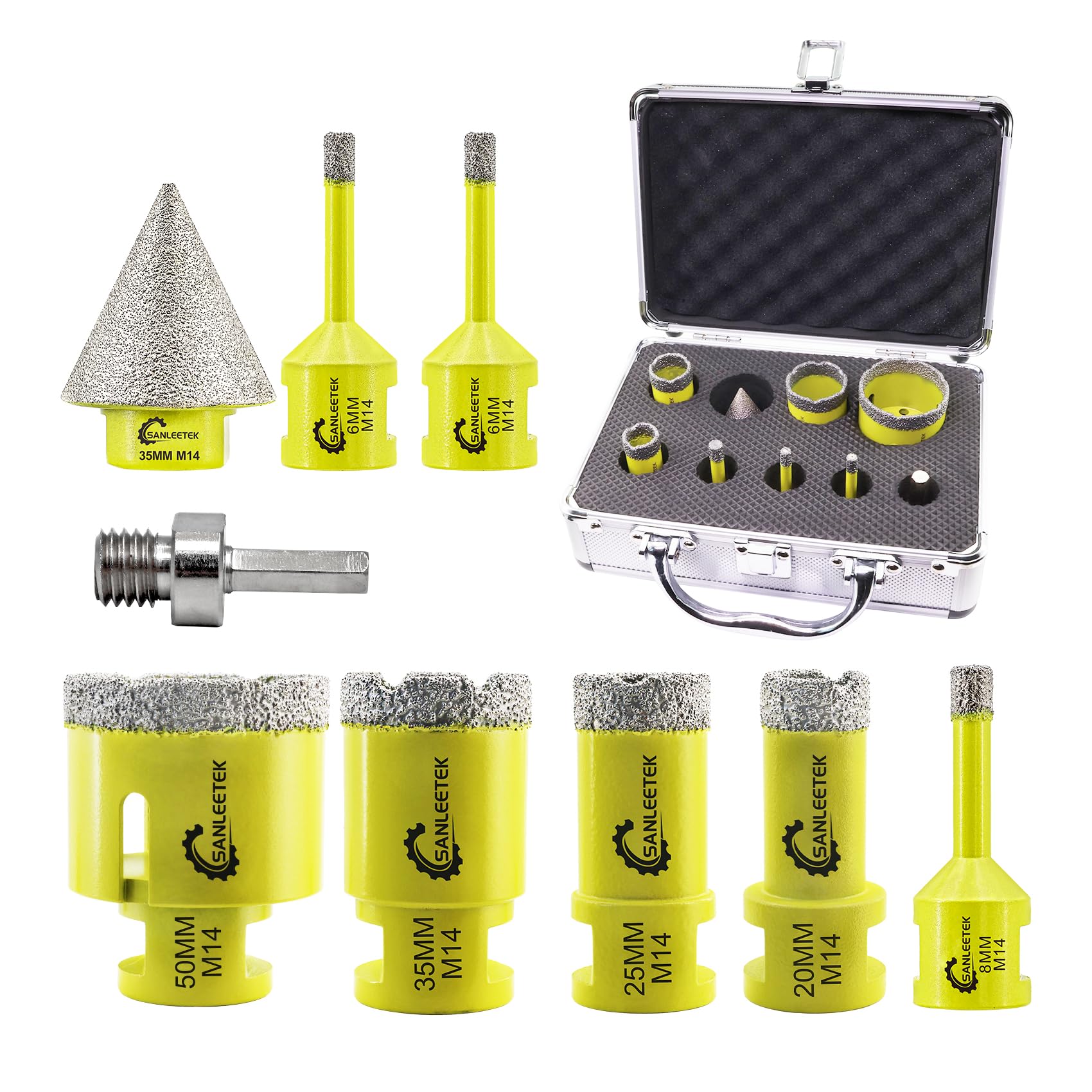 SANLEETEK Tile Hole Saw Kit - Diamond Core Drill Bits Set 9pcs (6/6/8/20/25/35/50mm+35mm Beveling Chamfer Bit+Triangle Shank Adapter) for Porcelain Tile Ceramic Marble Granite with M14 Thread — image 1