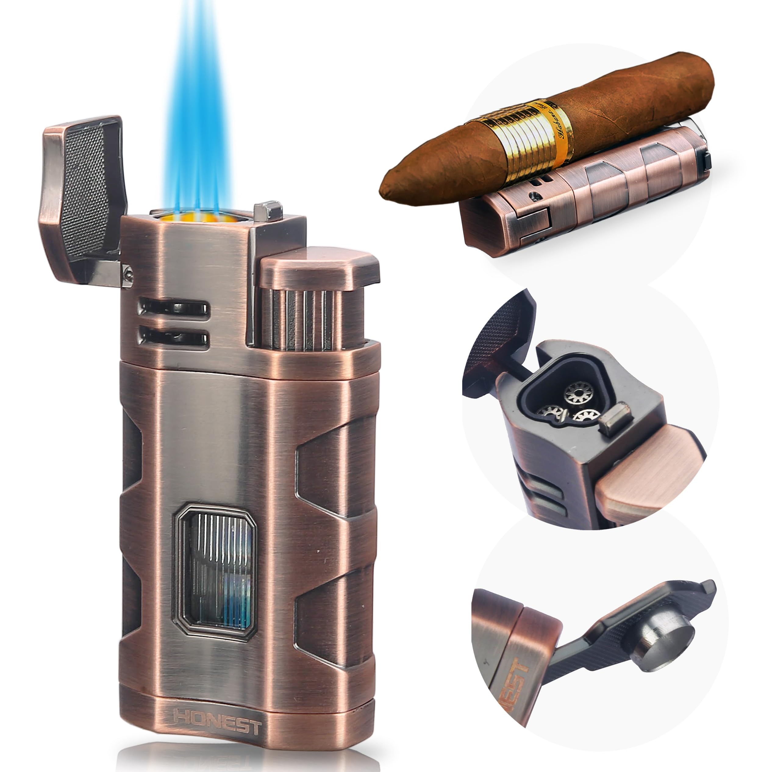Photo 1 of Torch Lighter Triple Jet Flame Refillable Butane Cigar Lighter Windproof Lighter with Cigar Punch Rest Holder - Butane Not Included (Red Copper)