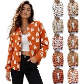 Halloween Cardigan for Women Pumpkin Ghost Button Long Sleeve Knit Sweaters | Halloween Costumes For Women,2026 Open Front Button Up Fall Cute Cardian,Holiday Cosplay Party Outing Casual Sweatshirts