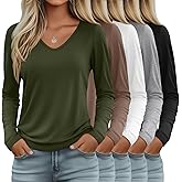 Oakgarden 5 Pack Women's V Neck Long Sleeve Tops Bulk, Loose Fit Casual T-Shirts Layer Soft Trendy Outfits Basic Tees