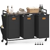 VASAGLE Laundry Hamper 3 Section, Laundry Sorter, 39.6 Gal. (150 L) | Rolling Cart with Shelf, Laundry Basket with Wheels, Side Pockets, Removable Bags, 6 Labels, STEVIE Collection UBLH223BH01