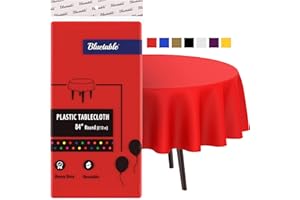 BLUETABLE Red Round Plastic Tablecloths Disposable (12 Pack) Bulk - Ultra Heavy Duty Table Cloth (84” Inches) 4, 5, 6 Foot Round Tables, Premium Red Party Tablecloths Christmas Birthday Parties [12 Pack]
