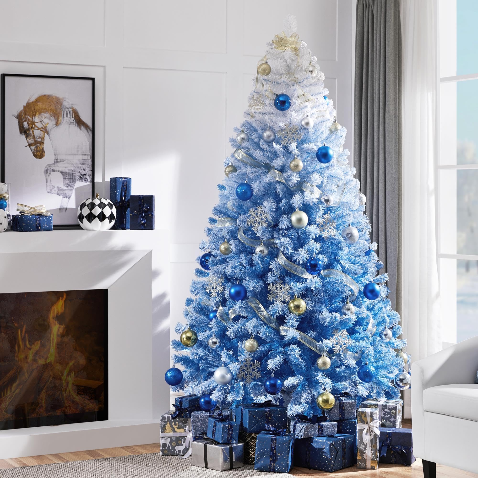 Yaheetech 7.5ft Premium Snow Flocked Artificial Christmas Tree Hinged Pine Full Holiday Xmas Tree for Home Office Party Decoration w/1284 Branch Snow Tips & Metal Stand, Blue Gradient & White Image