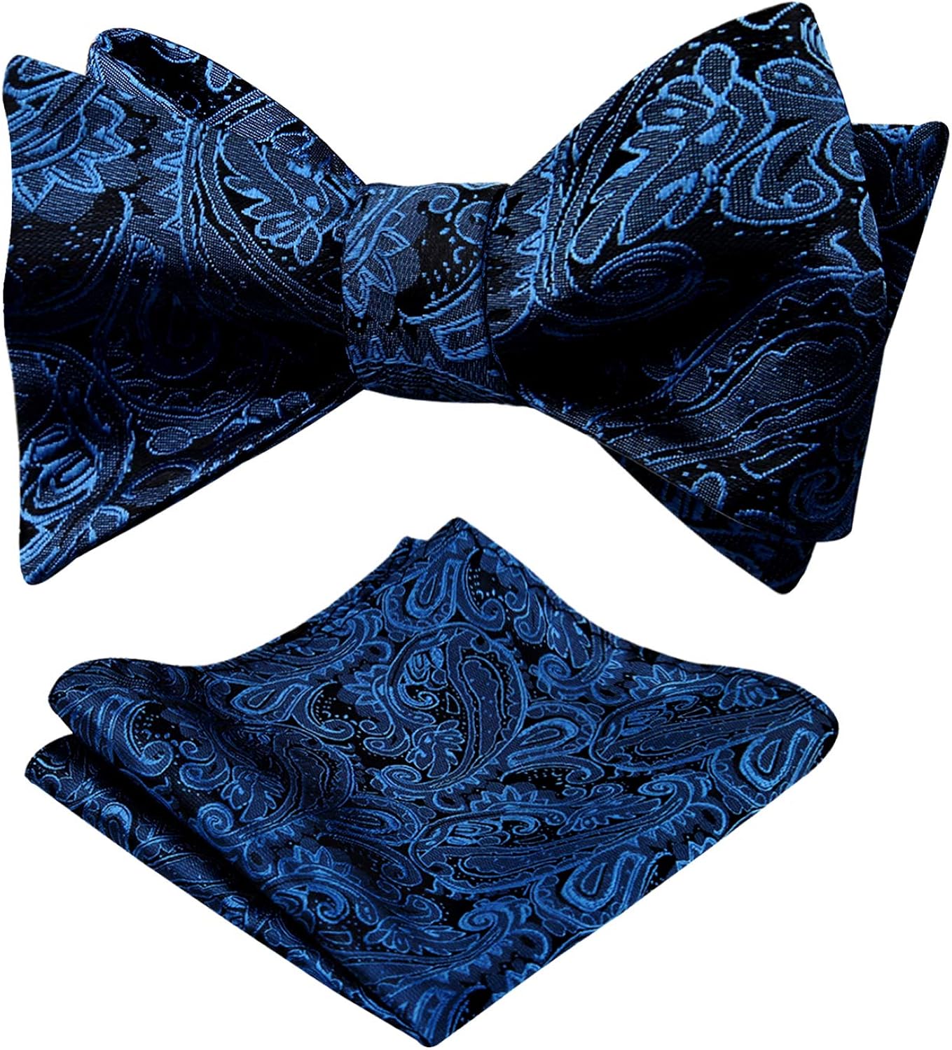 Mens Paisley Jacquard Self Bow Tie Pocket Square Set (Navy