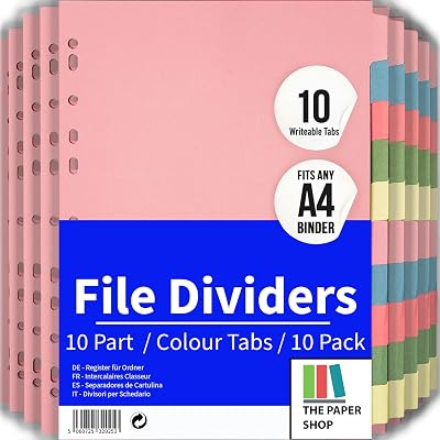 The Paper Shop A4 10 Part File Dividers Pack with 10 Writeable Tabs