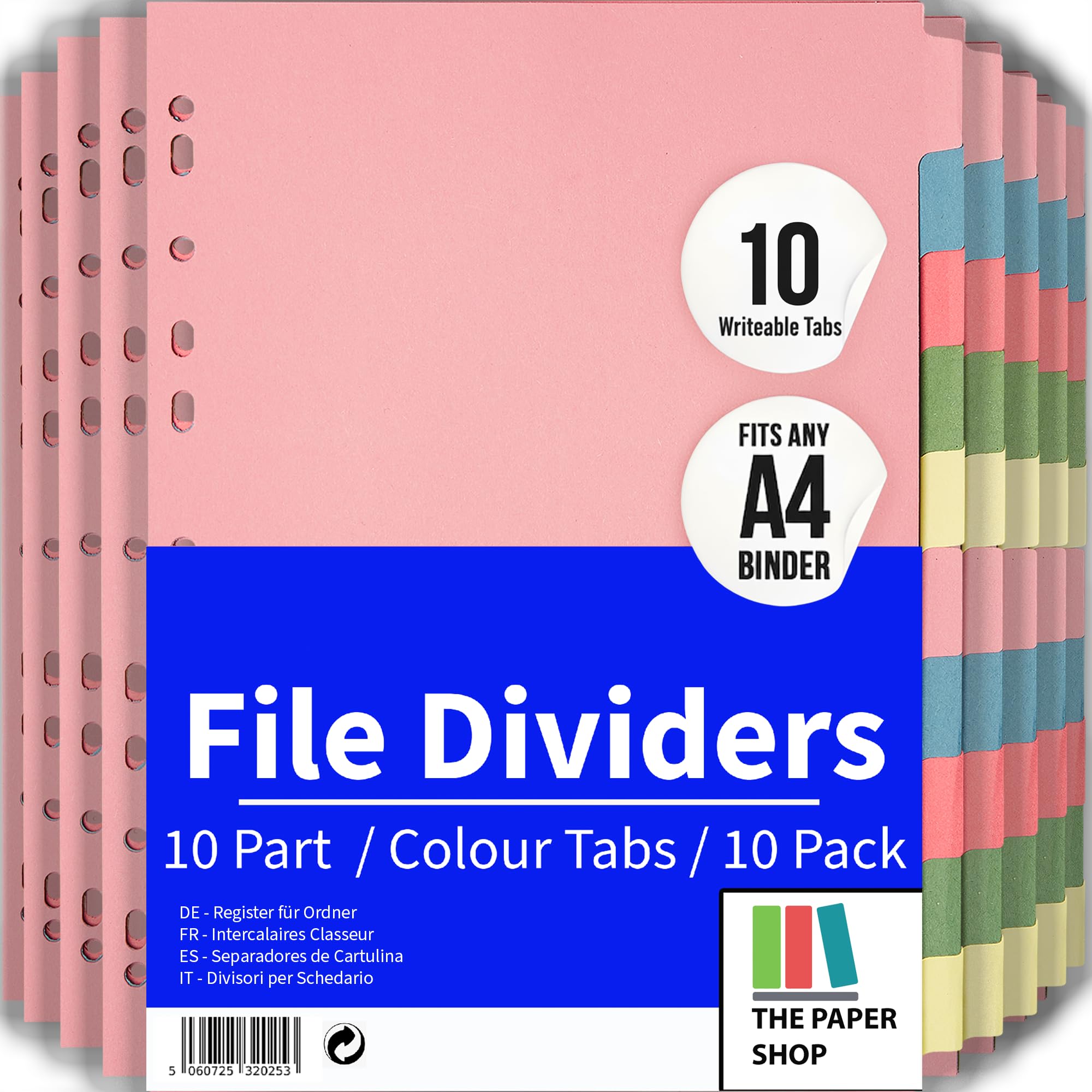File Dividers A4, 10 Part Folder Dividers for Ring Binders & Lever Arch Files (10 Pack) Binder and Subject Dividers with Writeable Coloured Index Tabs - The Paper Shop