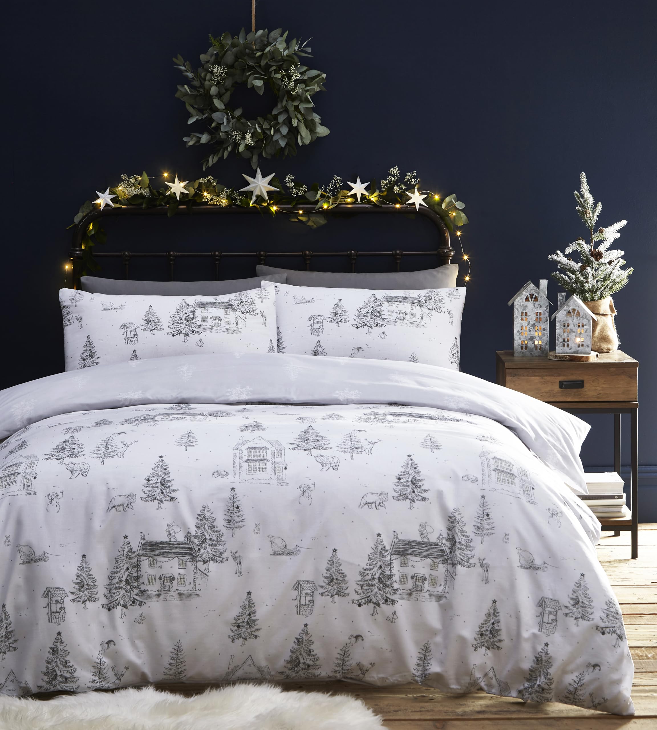 furn. Midwinter Toile Duvet Cover Set - Polycotton Fabric, Picturesque Snow Cottages & Woodland Animals Festive Bedding (White – Single)